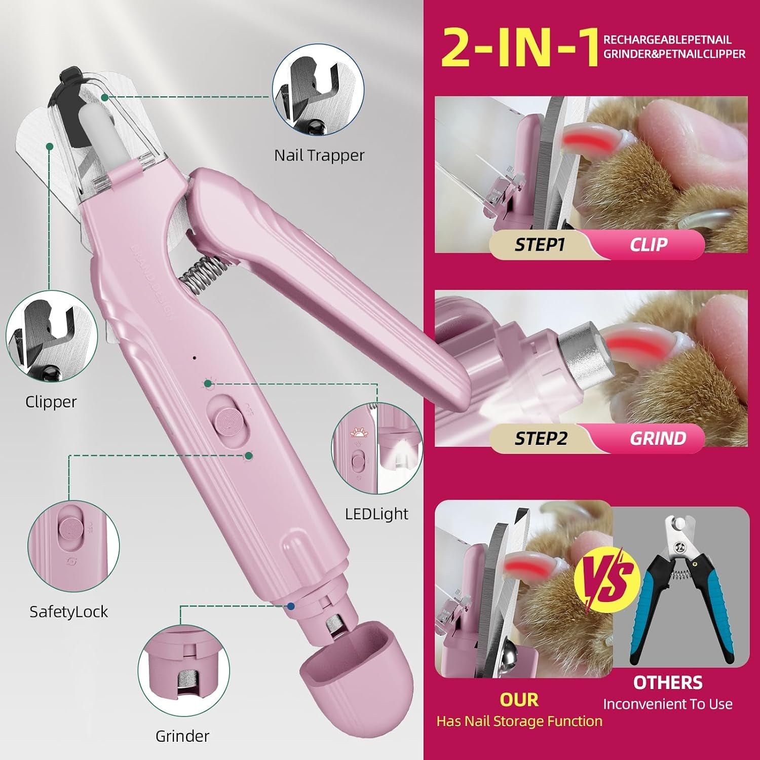 2 in 1 Dog & Cat Pets Nail Clippers and Grinder with Lights - Safety Guard to Avoid Overcutting,Professional Pet Nail Claw Trimmers, Professional Grooming Tools for Pets (Medium & Small Pet)