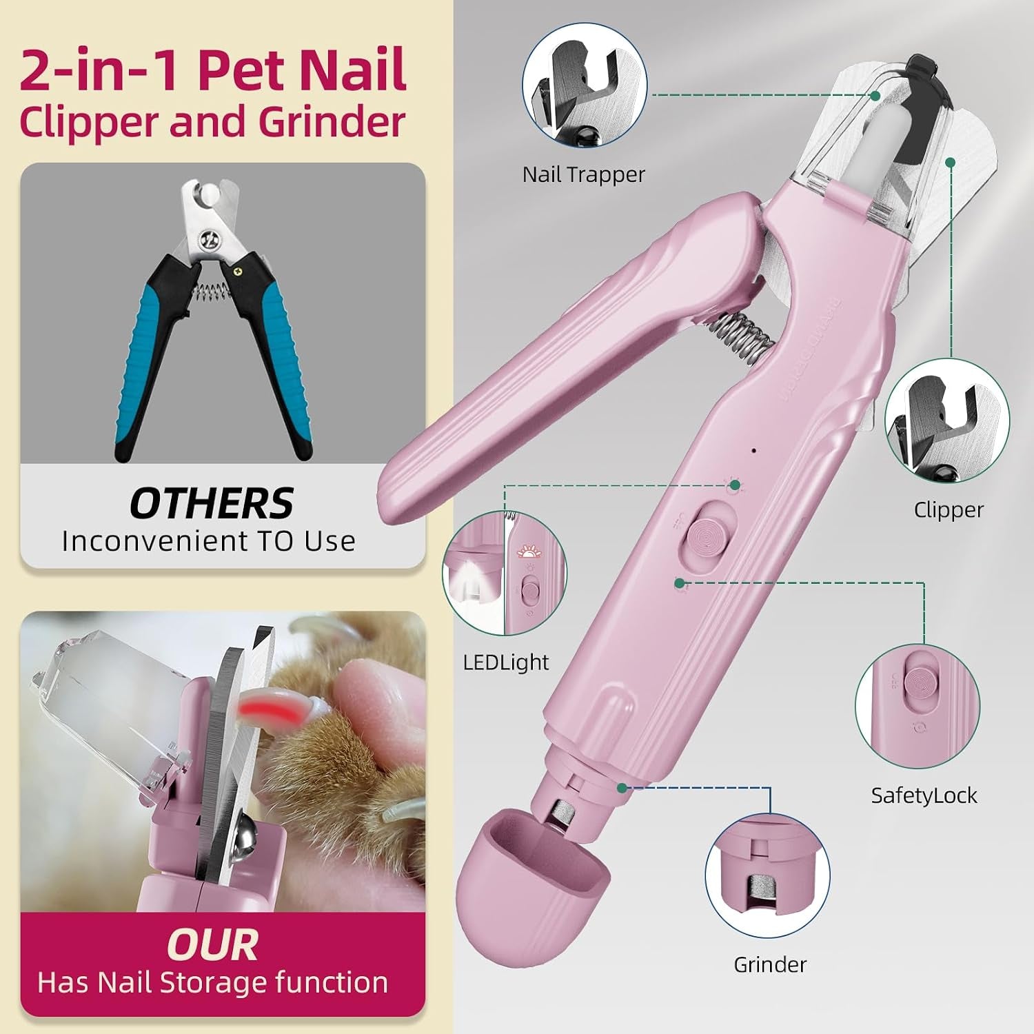 2 in 1 Dog & Cat Pets Nail Clippers and Grinder with Lights - Safety Guard to Avoid Overcutting,Professional Pet Nail Claw Trimmers, Professional Grooming Tools for Pets (Medium & Small Pet)