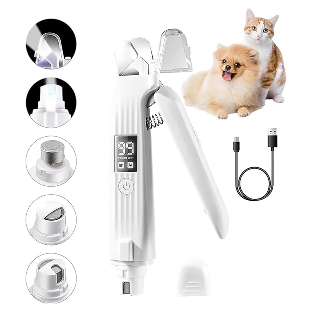 Dog Cat Nail Clipper Grinder 2 in 1 USB Rechargeable LED Lights Animal Splash Guard Pet Nail File Grinder